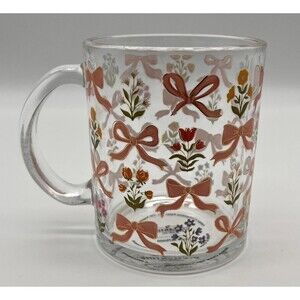 Clementine Paper Inc Glass Mug Floral Bow Tie Clear Pink Gold #875000